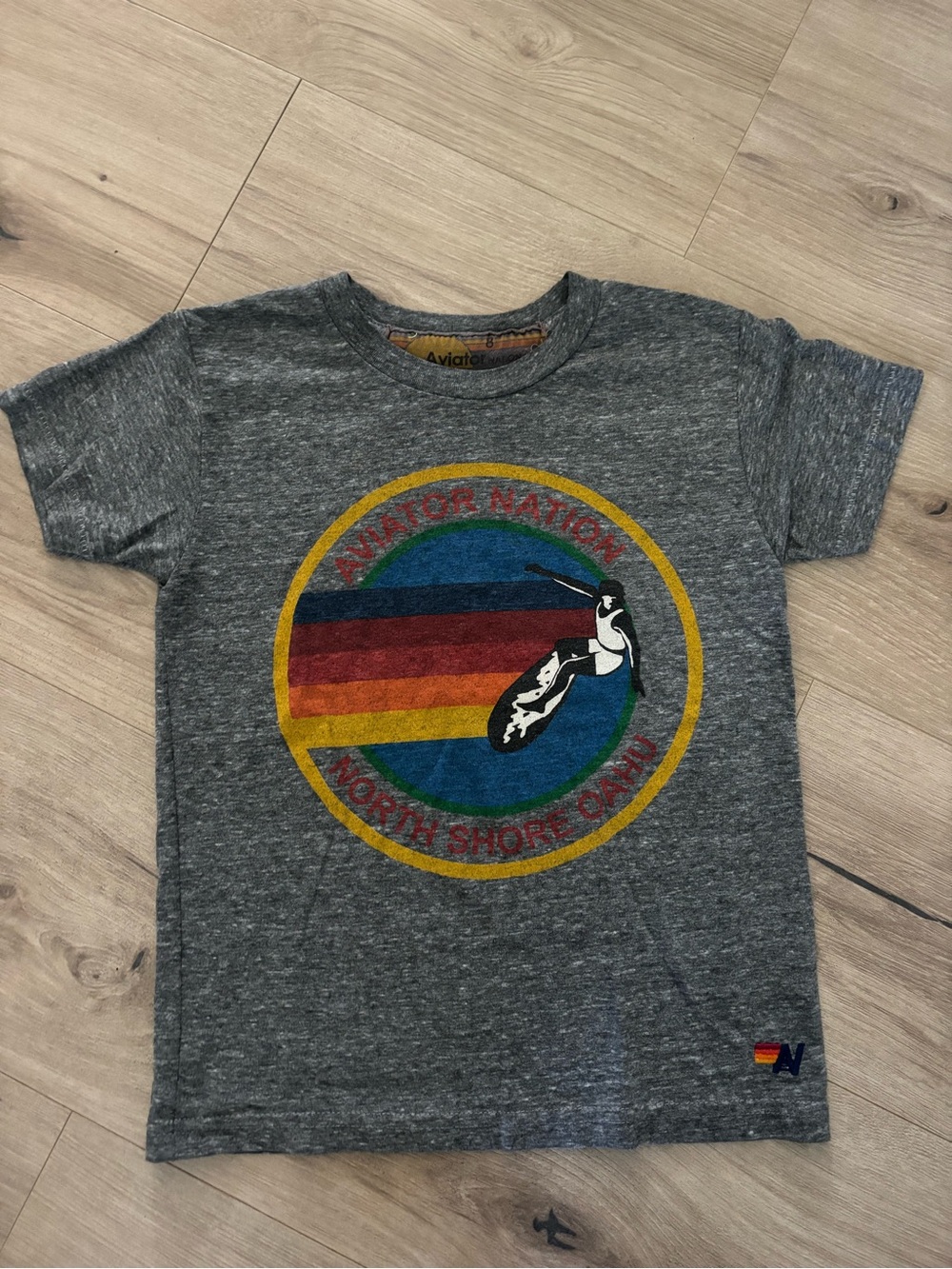 Kids Aviator Nation Grey Short-Sleeve Graphic Tee with Retro Surf Emblem